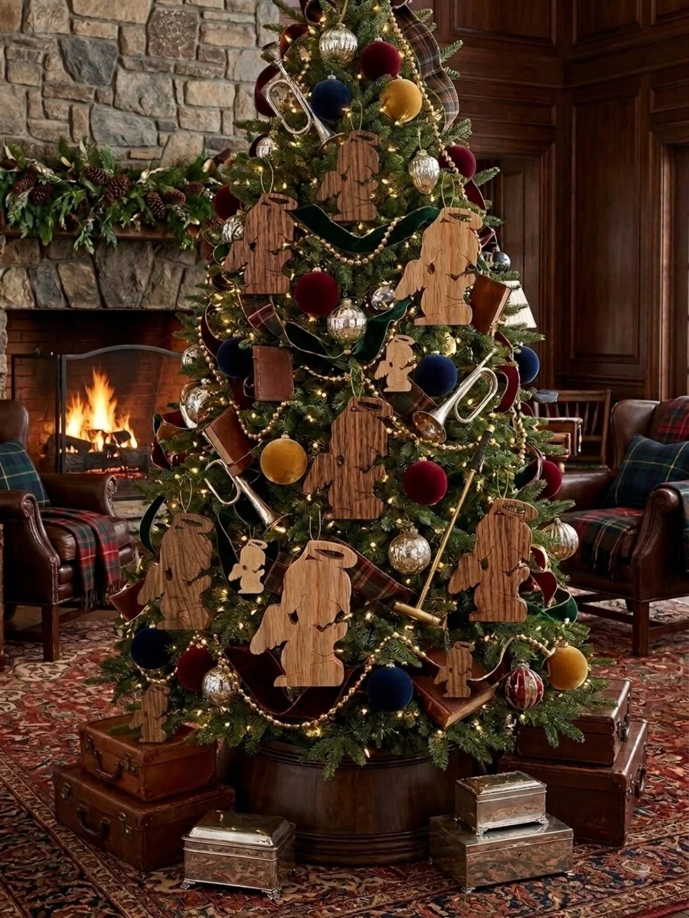 Wooden Gingerbread Ornament Set - Rustic Holiday Tree Decor (Green, Red, Gold)
